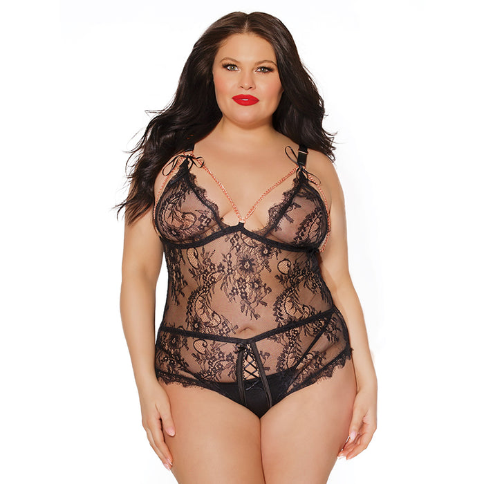 Black Label Crotchless Teddy with Tie-Up Triangle Cups Black/Rose Gold OSQ Hanging