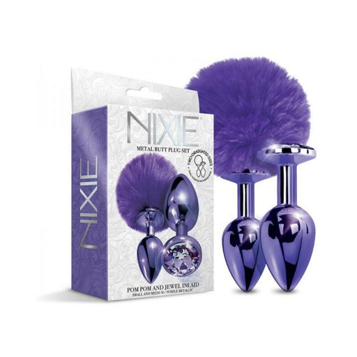 Nixie Metal Butt Plug Set Pom Pom And Jewel-inlaid Metallic Purple | cutebutkinky.com