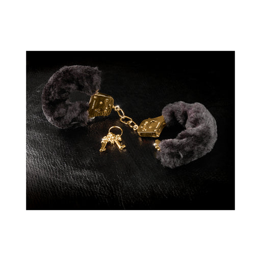 Deluxe Furry Cuffs Black Gold Handcuffs | cutebutkinky.com