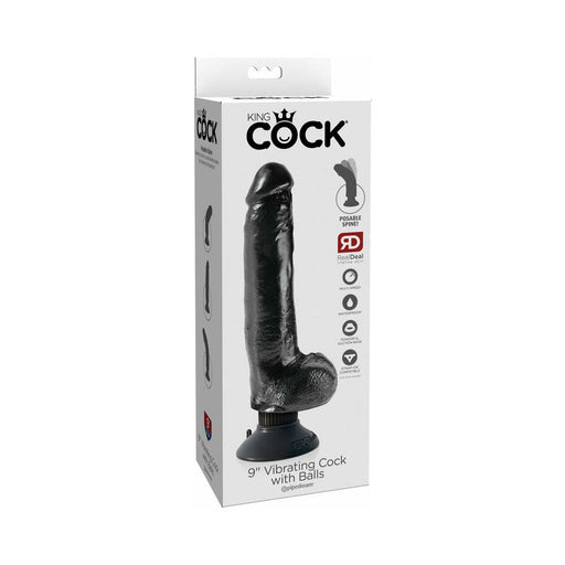 King Cock 9 in. Vibrating Cock With Balls Poseable Suction Cup Dildo Black