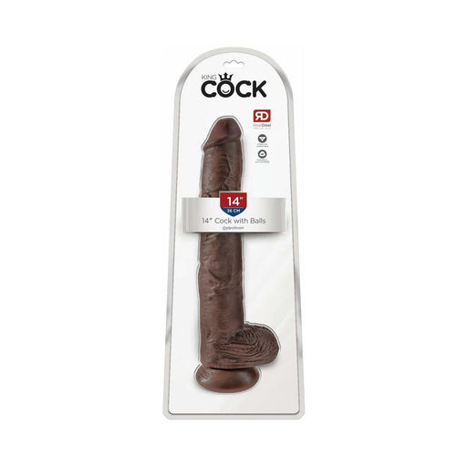 King Cock 14 in. Cock With Balls Realistic Suction Cup Dildo Brown