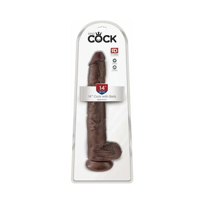 King Cock 14 in. Cock With Balls Realistic Suction Cup Dildo Brown