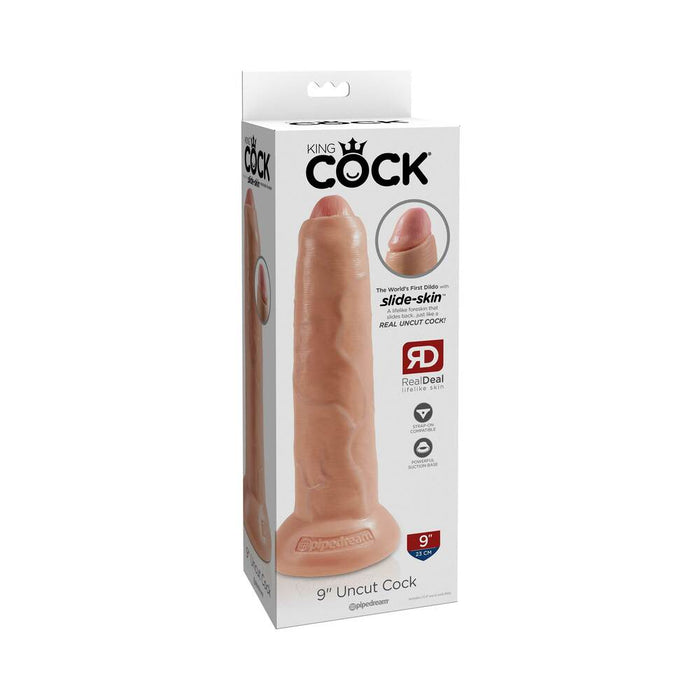 King Cock 9 in. Uncut Cock Realistic Dildo With Moveable Foreskin & Suction Cup Beige
