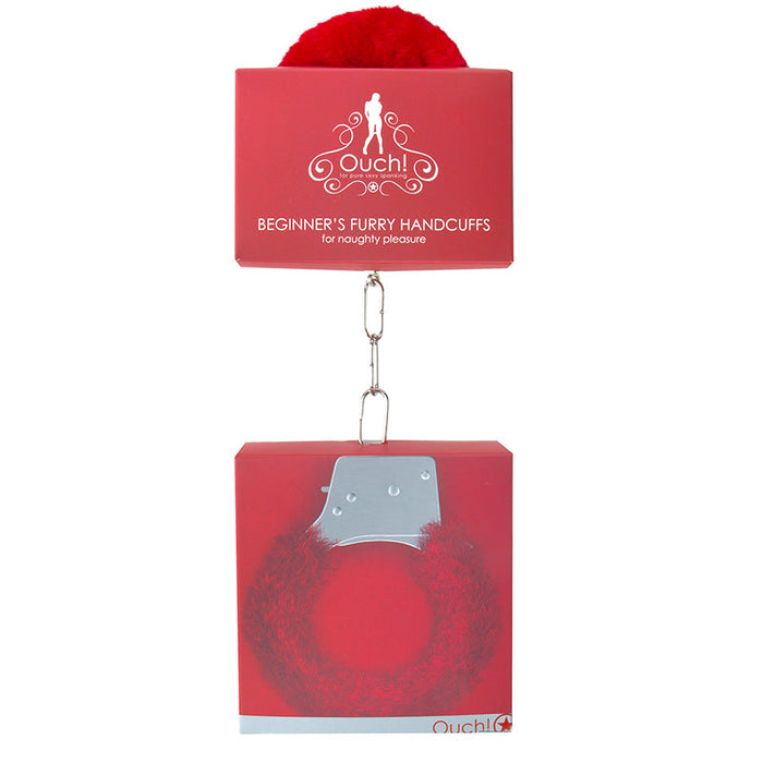 Ouch! Beginner''s Furry Handcuffs With Quick-Release Red