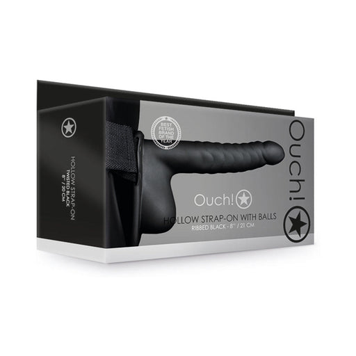 Ouch! Ribbed 8 in. Hollow Strap-On with Balls Black