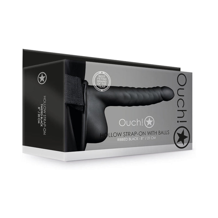 Ouch! Ribbed 8 in. Hollow Strap-On with Balls Black