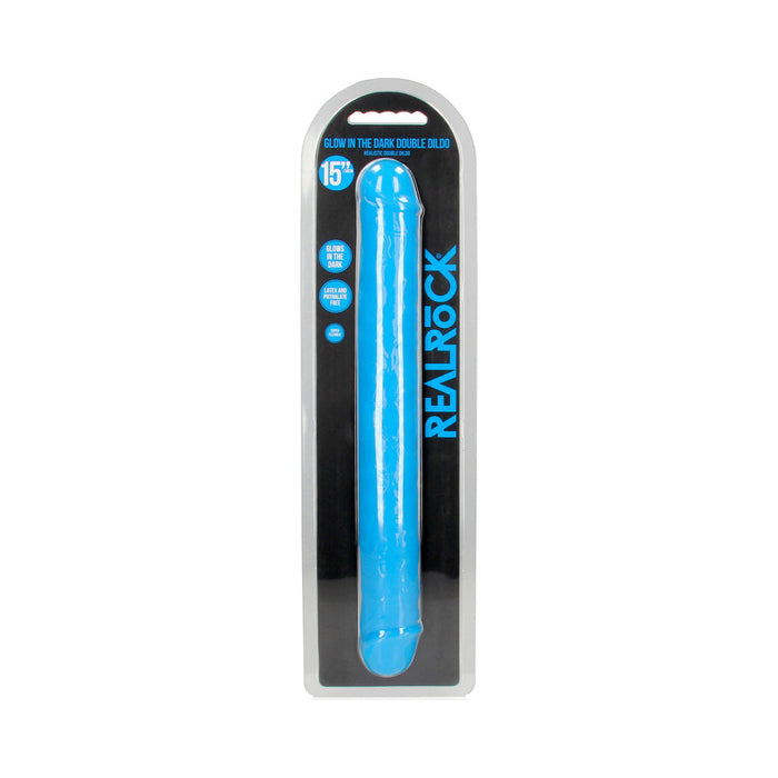 RealRock Glow in the Dark Double Dong 15 in. Dual-Ended Dildo Neon Blue