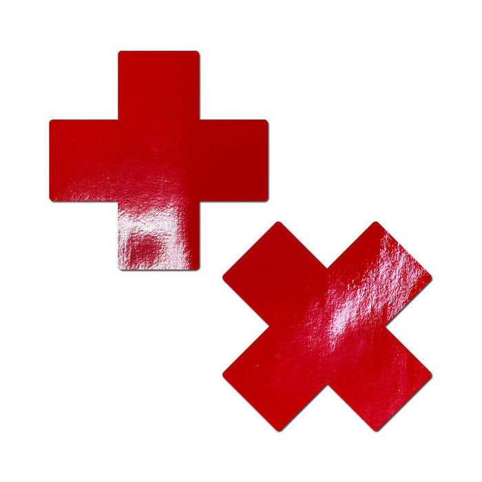 Pastease Plus X: Faux Latex Pleather Vinyl Red Cross Pasties