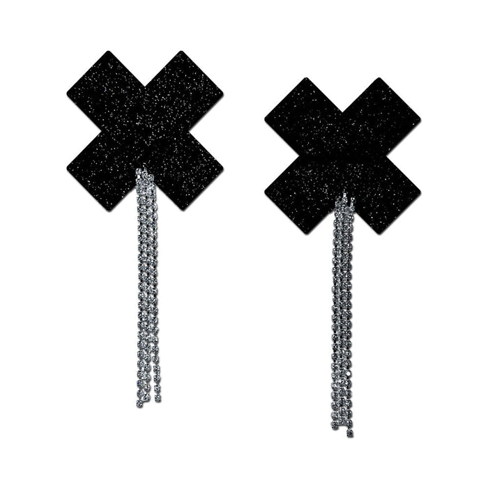 Pastease Tassel Pasties: Black Sparkle Plus X with Long Rhinestone Tassel