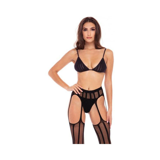Straight Up 3-piece Sheer Striped Bra, Thong, And Garter Set Black S/m | cutebutkinky.com