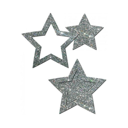 Pastease Glitter Peek A Boob Stars Silver Pasties | cutebutkinky.com