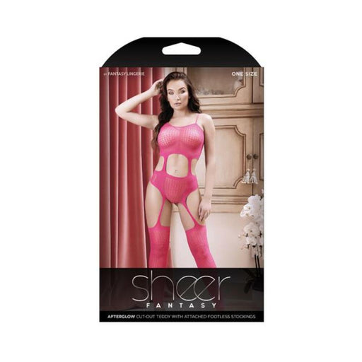 Sheer Afterglow Cutout Teddy With Attached Footless Stockings Berry Pink O/s | cutebutkinky.com