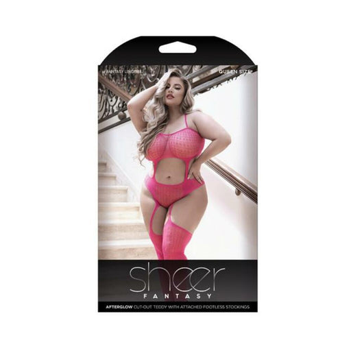 Sheer Afterglow Cutout Teddy With Attached Footless Stockings Berry Pink Queen | cutebutkinky.com