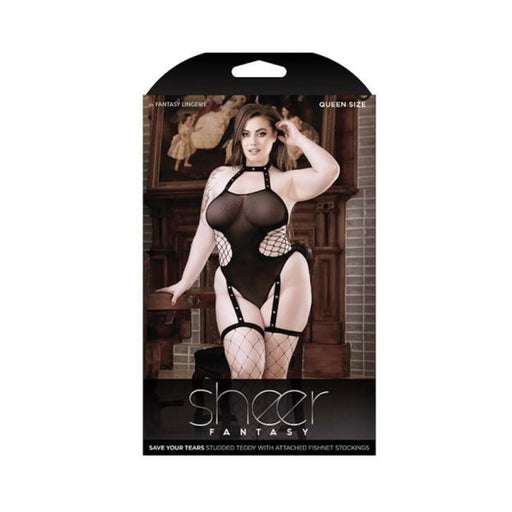 Sheer Save Your Tears Studded Halter Teddy With Net Sides And Attached Fishnet Stockings Black Queen | cutebutkinky.com