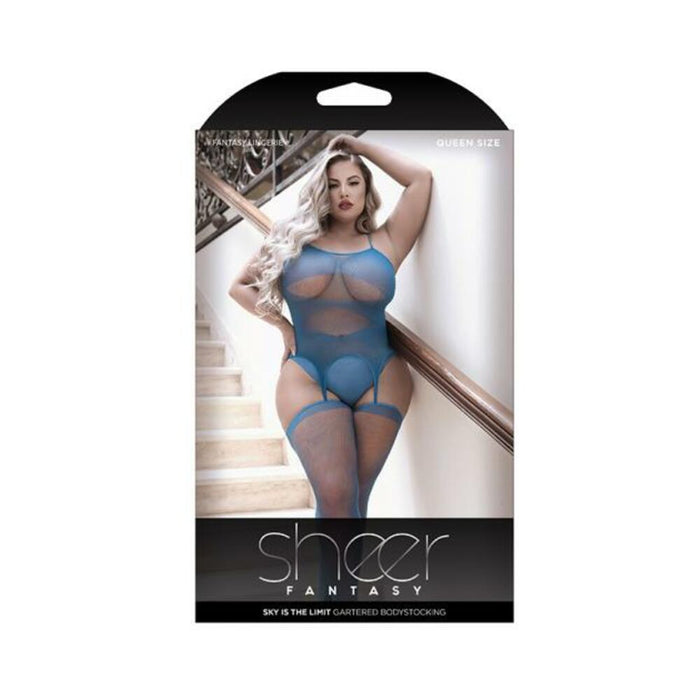 Sheer Sky Is The Limit Opaque Gartered Bodystocking Sky Blue Queen | cutebutkinky.com