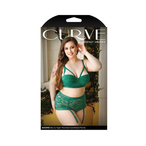 Curve Nadine Longline Contour Cup Bra & High Waist Panty With Removable Garters Emerald 1x/2x | cutebutkinky.com