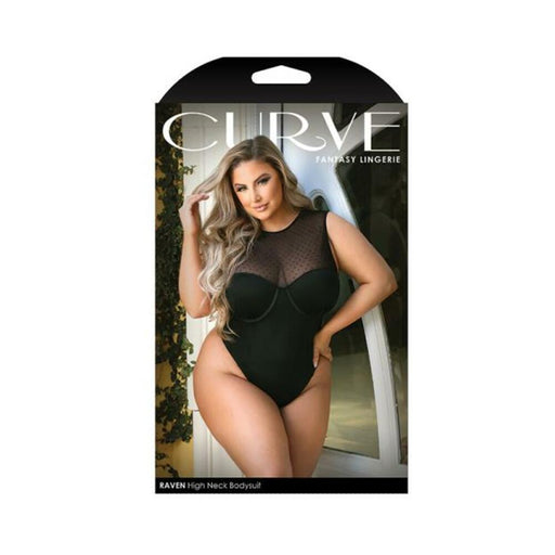 Curve Raven High-neck Bodysuit With Back Cutout And Snap Closure Black 1x/2x | cutebutkinky.com