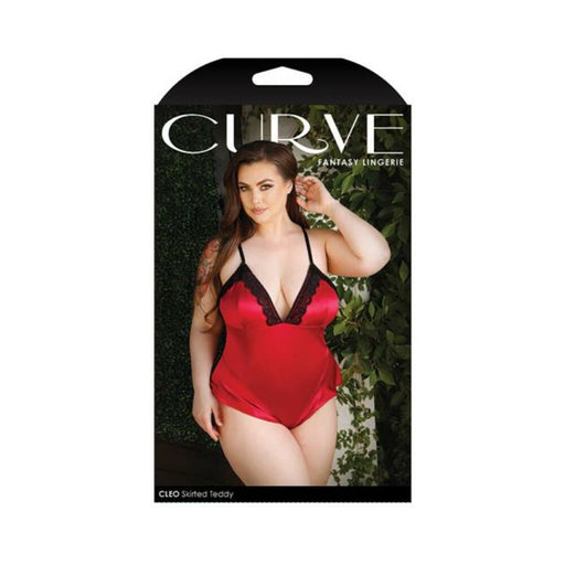 Curve Cleo Skirted Teddy With Lace Trim And Snap Closure Red 1x/2x | cutebutkinky.com