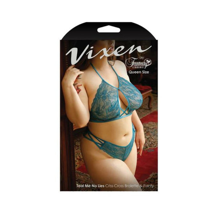 Vixen Teal Me No Lies Criss-cross Lace Halter Bralette & Matching Panty Teal Queen
