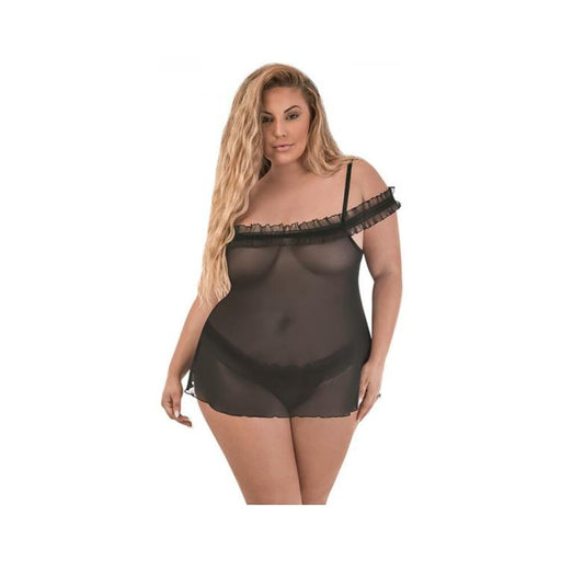 Magic Silk Ruffled Flyaway Babydoll & Split-crotch Thong Black Queen | cutebutkinky.com