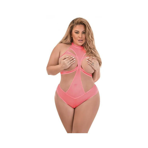 Magic Silk Forever Mesh Cupless & Crotchless Halter Teddy With Split-back Coral Queen | cutebutkinky.com