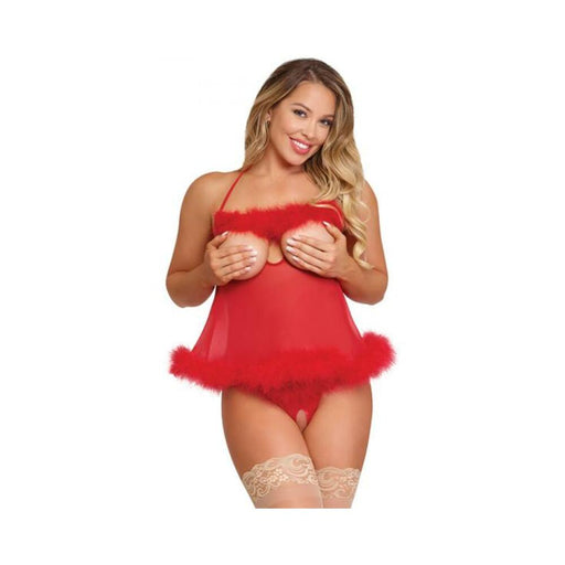 Magic Silk Marabou Cupless & Crotchless Babydoll Set Red Queen | cutebutkinky.com