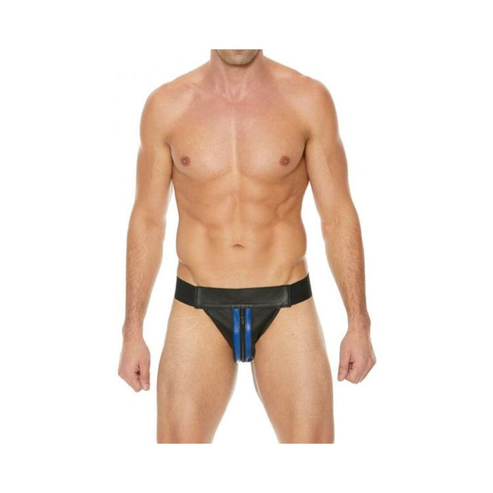 Premium Leather Zipper Front Jock S/m Black/blue | cutebutkinky.com