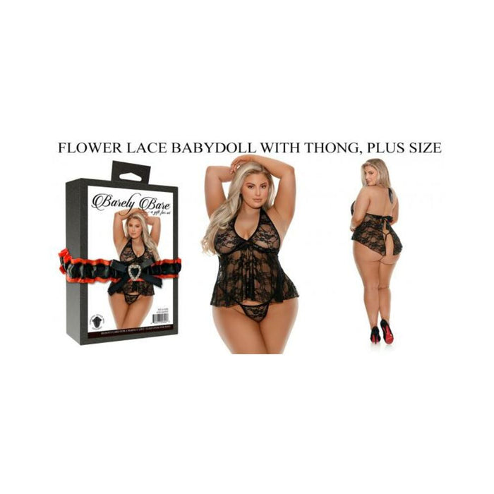 Barely Bare Flower Lace Babydoll With Thong Plus Size Black | cutebutkinky.com