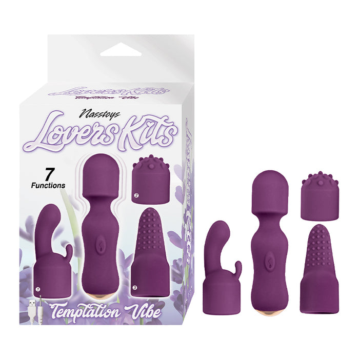 Nasstoys Lovers Kits Temptation Vibe Rechargeable Silicone Wand Vibrator & 3-Piece Attachment Set Eggplant