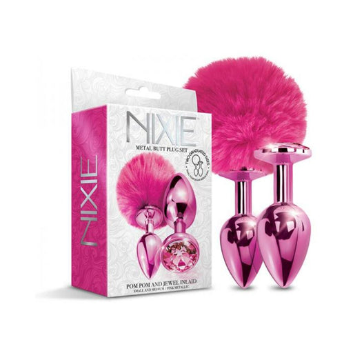 Nixie Metal Butt Plug Set Pom Pom And Jewel-inlaid Metallic Pink | cutebutkinky.com