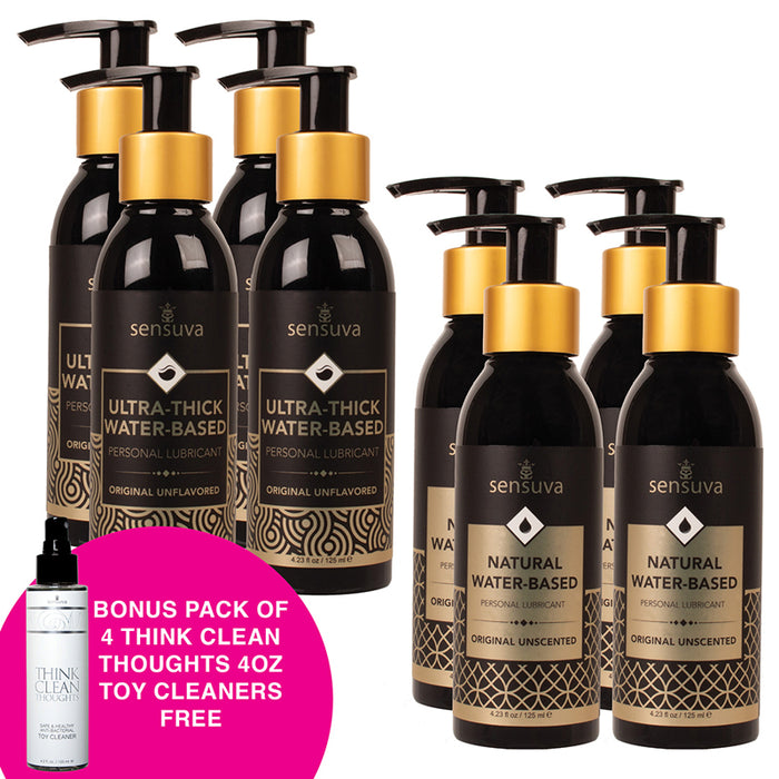 Pack of 4 Natural Water Based Lubricants Unscented 4.2 oz./Pack of 4 Ultra Thick Water Based Lubricants Unscented 4.2 oz. +Free Bonus Pack of 4 Think Clean Thoughts Toy Cleaner 4.2 oz.