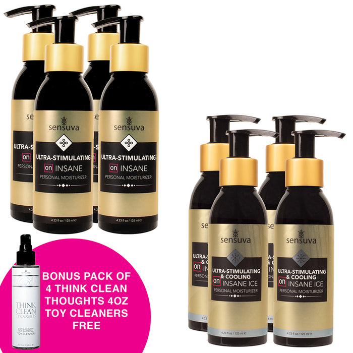 Pack of 4 Ultra-Stimulating Insane Personal Moisturizer 4.2 oz./Pack of 4 Ultra-Simulating Insane ICE Personal Moisturizer 4.2 oz. +Free Bonus Pack of 4 Think Clean Thoughts Toy Cleaner 4.2 oz.