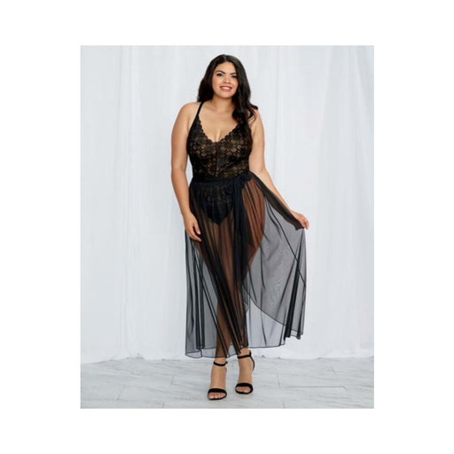 Dreamgirl Plus-size Stretch Lace Teddy & Sheer Mesh Maxi Skirt With Adjustable Straps & G-string Bla | cutebutkinky.com