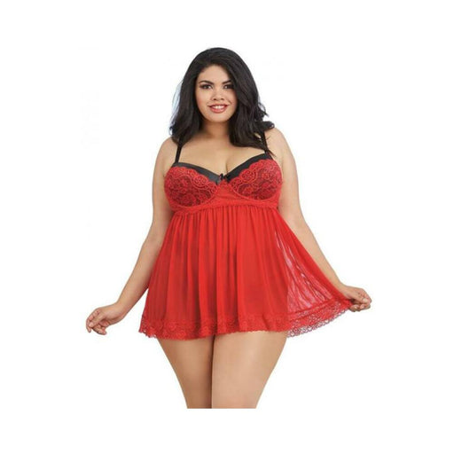 Dreamgirl Plus-size Stretch Mesh And Lace Babydoll With Underwire Push-up Cups, G-string, And Lace O | cutebutkinky.com