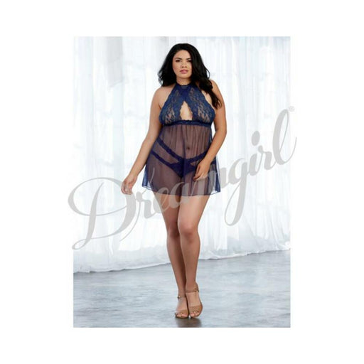 Dreamgirl Stretch Lace & Mesh Babydoll With High-neck Halter Styling Midnight Queen | cutebutkinky.com