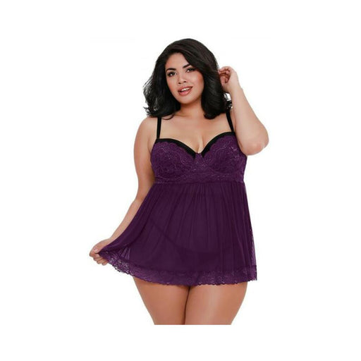 Dreamgirl Plus-size Stretch Mesh And Lace Babydoll With Underwire Push-up Cups, G-string, And Lace O | cutebutkinky.com