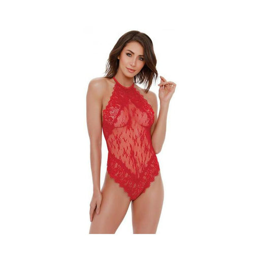 Dreamgirl Eyelash Lace Halter Teddy With High Tie-neck Closure & Snap Crotch Red Small Hanging | cutebutkinky.com