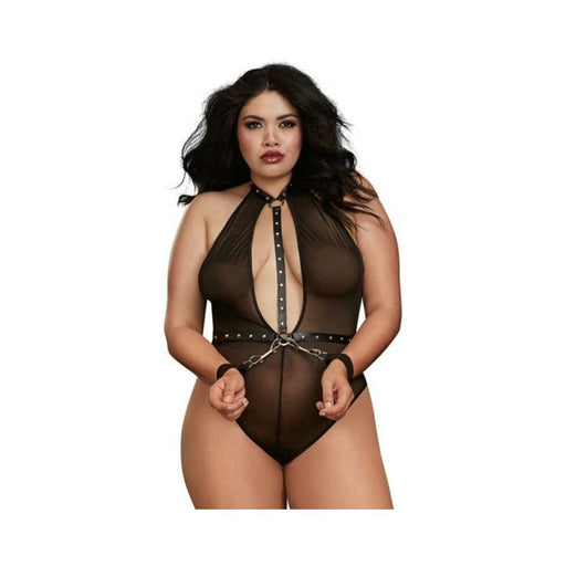 Dreamgirl Stretch Mesh Teddy With Faux Leather Studded Trims Black Queen | cutebutkinky.com