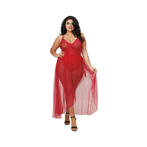 Dreamgirl Plus-size Stretch Lace Teddy & Sheer Mesh Maxi Skirt With Adjustable Straps & G-string Rou | cutebutkinky.com