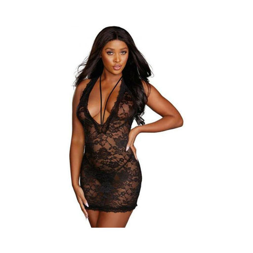 Dreamgirl Stretch Lace Chemise With Scalloped Edge Lace & Plunging Strappy Neckline Black Large Hang | cutebutkinky.com