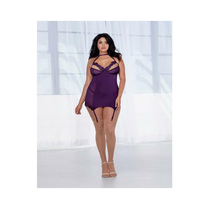 Dreamgirl Microfiber And Mesh Garter Slip With Underwire Shelf Bra Plum Queen | cutebutkinky.com
