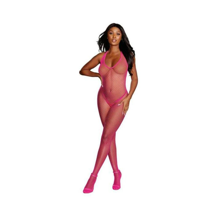 Dreamgirl Diamond-net Halter Bodystocking With Open Crotch Neon Pink Os | cutebutkinky.com