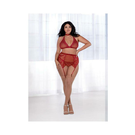 Dreamgirl Fishnet And Lace Four-piece Set With Stretch Velvet Trim Accents Garnet Queen | cutebutkinky.com