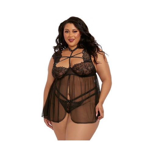 Dreamgirl  Plus-/size Lace Babydoll With Thong Black 1x Hanging | cutebutkinky.com
