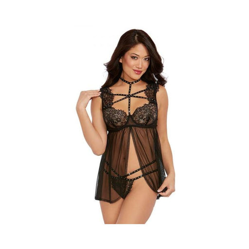 Dreamgirl Lace Babydoll With Thong Black Large Hanging | cutebutkinky.com