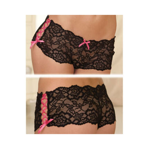 Rene Rofe Crotchless Lace Side Tie Boyleg Panty Black M/L | cutebutkinky.com