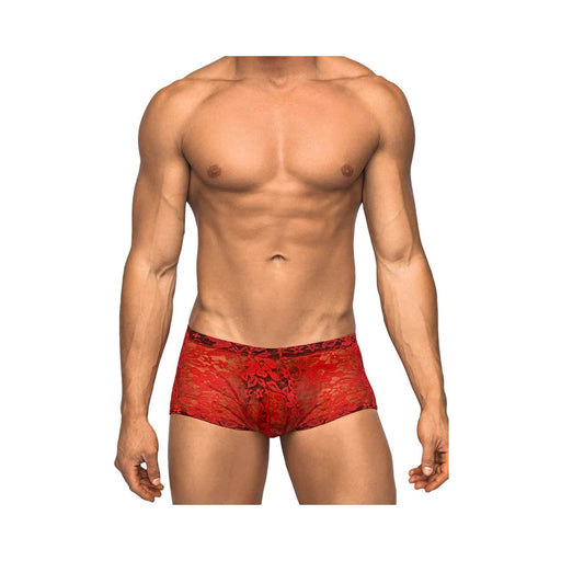 Male Power Stretch Lace Mini Short Red Large | cutebutkinky.com