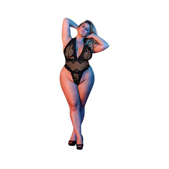 Magic Silk Sexy Time Deep Plunge Halter Teddy Black Queen Size | cutebutkinky.com