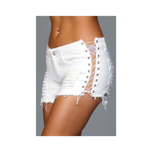 Denim Shorts With Lace Up Side White Large | cutebutkinky.com