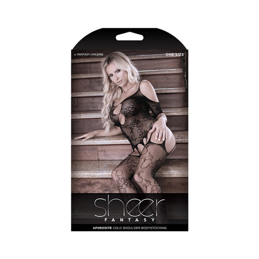 Sheer Aphrodite Floral Net Cold Shoulder Gartered Bodystocking With Cutout Sleeves One Size | cutebutkinky.com